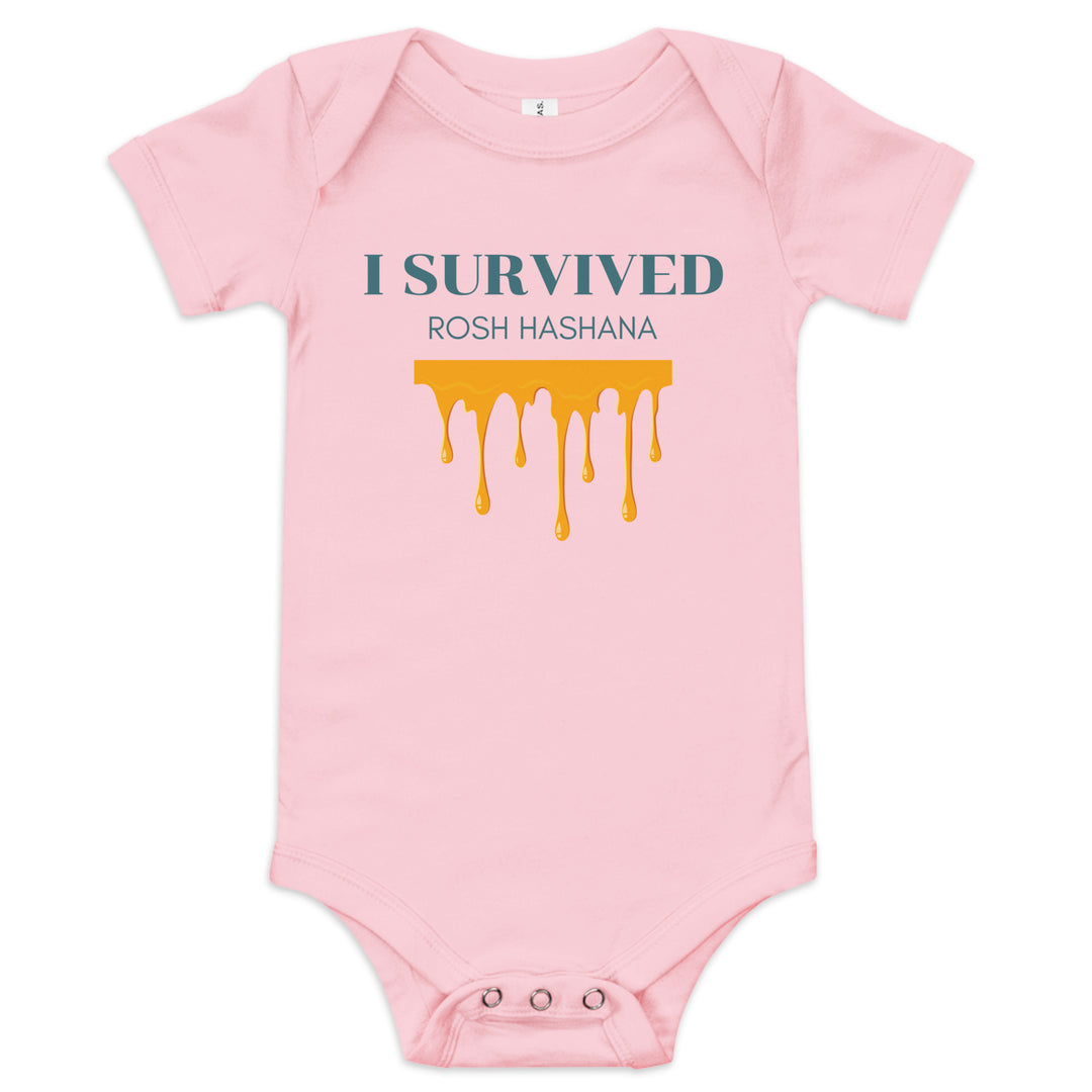 I Survived Rosh HaShana Jewish pride kids baby short sleeve one piece in Pink - front view
