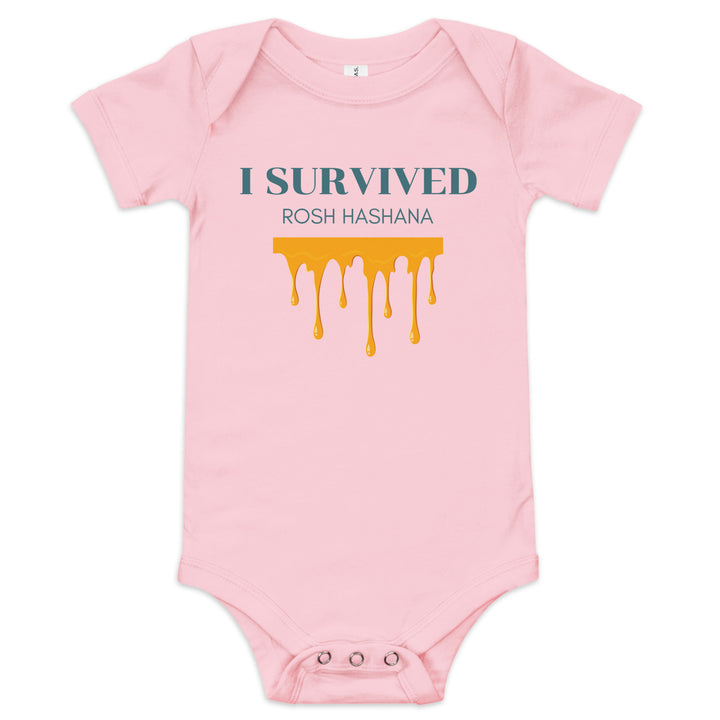 I Survived Rosh HaShana Jewish pride kids baby short sleeve one piece in Pink - front view