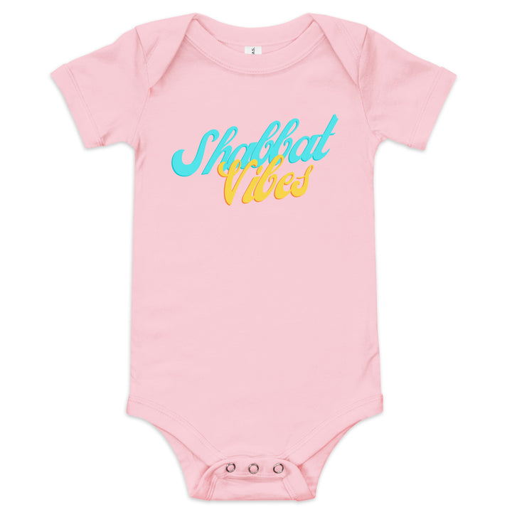 Shabbat Vibes Jewish pride kids baby short sleeve one piece in Pink - flat lay
