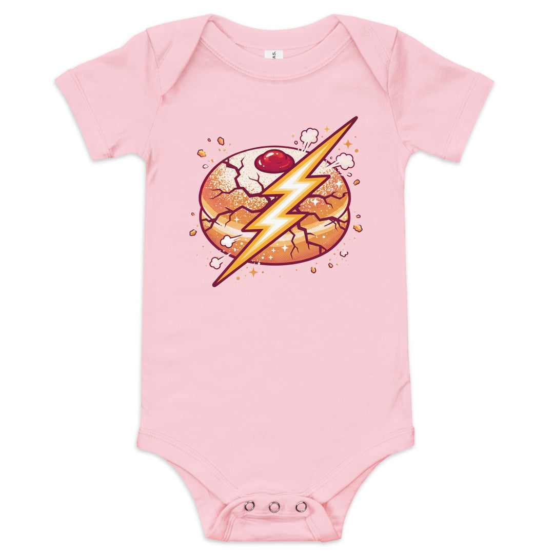 Sufganiyah Lightning Jewish pride kids baby short sleeve one piece in Pink - flat lay