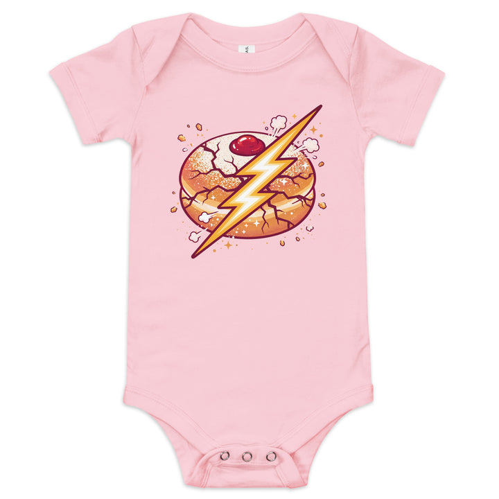 Sufganiyah Lightning Jewish pride kids baby short sleeve one piece in Pink - flat lay