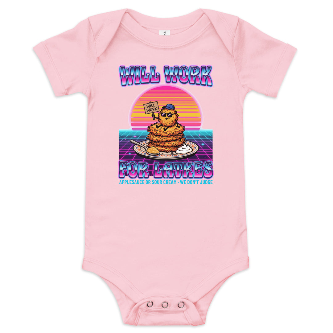 Will Work for Latkes 80s Jewish pride kids baby short sleeve one piece in Pink - close-up