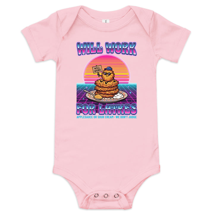 Will Work for Latkes 80s Jewish pride kids baby short sleeve one piece in Pink - close-up