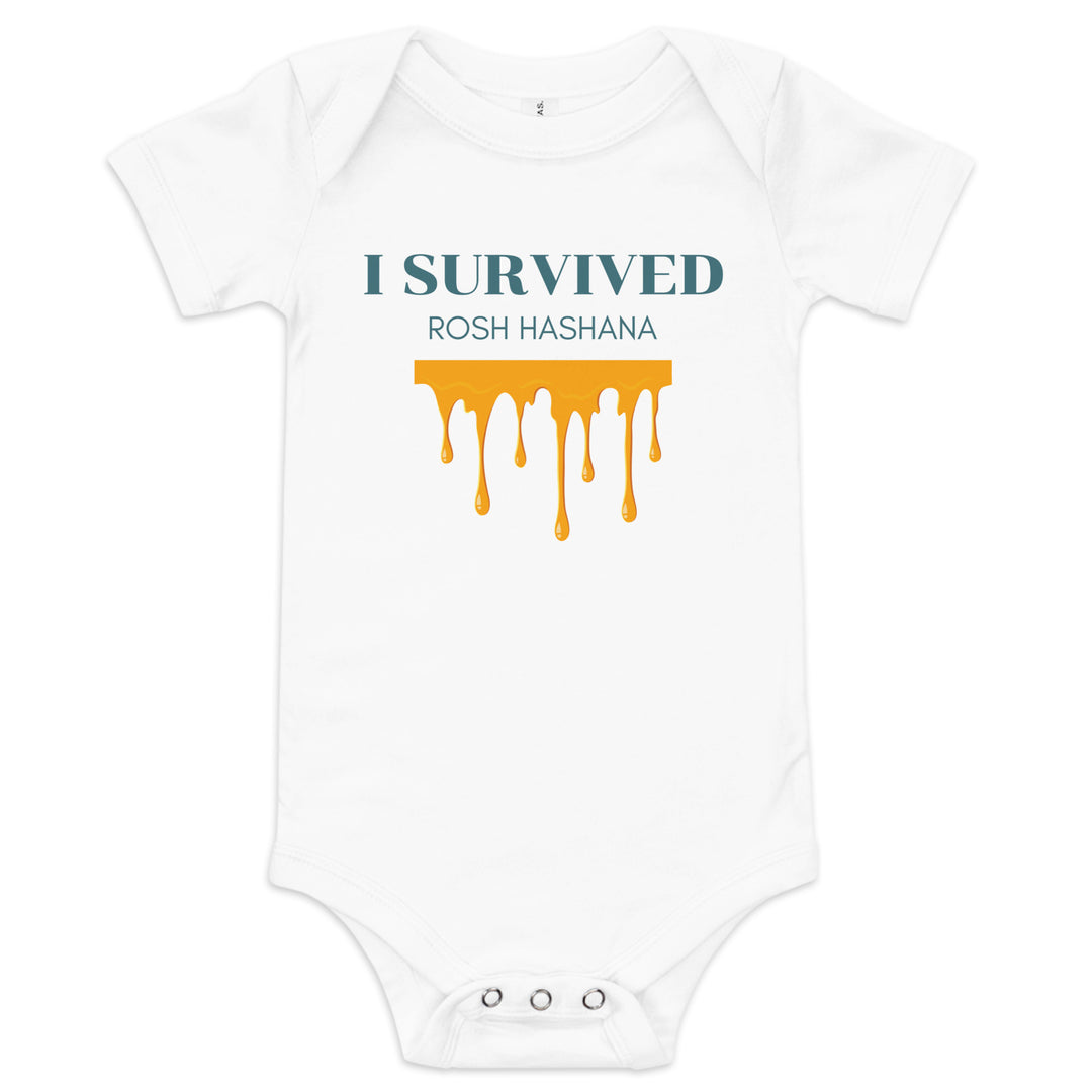 I Survived Rosh HaShana Jewish pride kids baby short sleeve one piece in White - flat lay