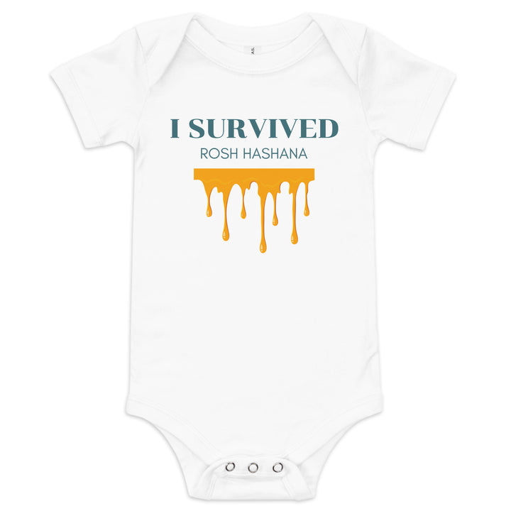 I Survived Rosh HaShana Jewish pride kids baby short sleeve one piece in White - flat lay