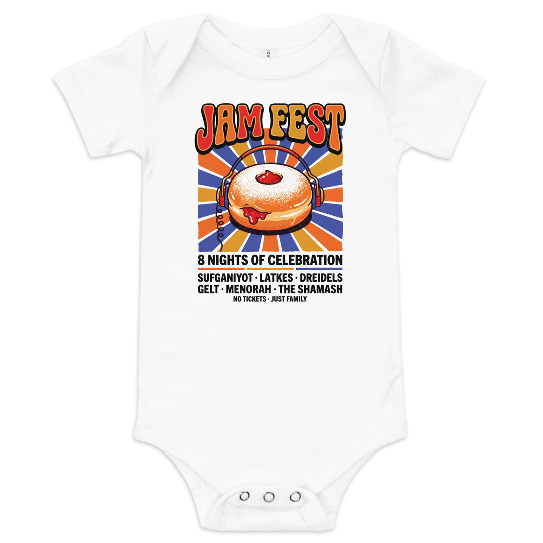 Jam Fest 8 Nights Jewish pride kids baby short sleeve one piece in White - flat lay