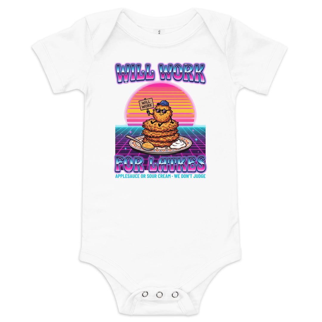 Will Work for Latkes 80s Jewish pride kids baby short sleeve one piece in White - lifestyle shot