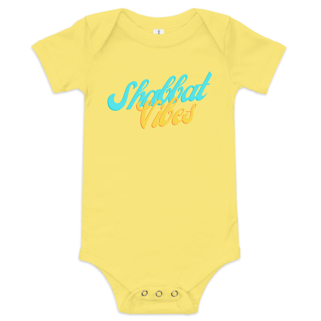Shabbat Vibes Jewish pride kids baby short sleeve one piece in Yellow - lifestyle shot