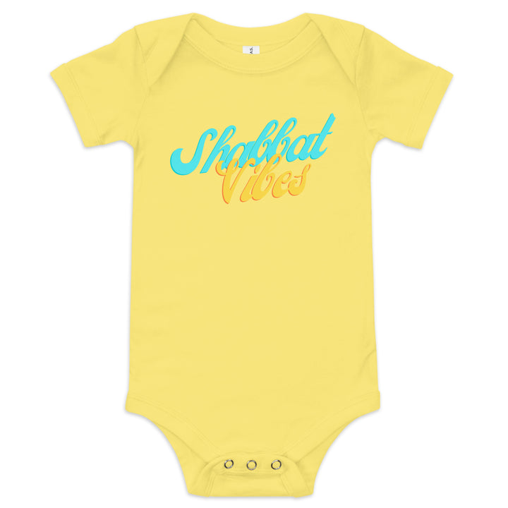 Shabbat Vibes Jewish pride kids baby short sleeve one piece in Yellow - lifestyle shot