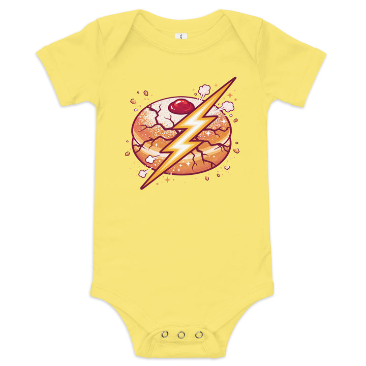 Sufganiyah Lightning Jewish pride kids baby short sleeve one piece in Yellow - lifestyle shot