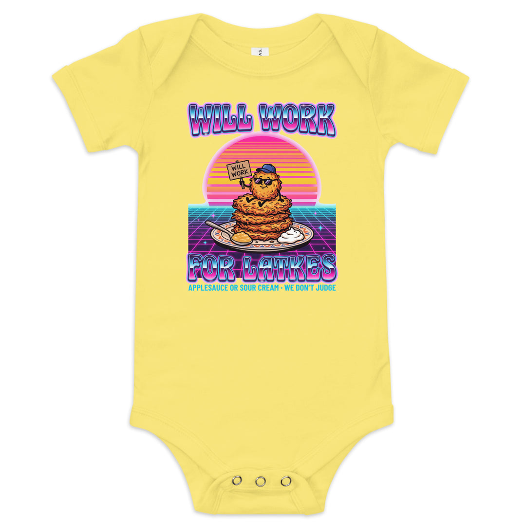 Will Work for Latkes 80s Jewish pride kids baby short sleeve one piece in Yellow - flat lay