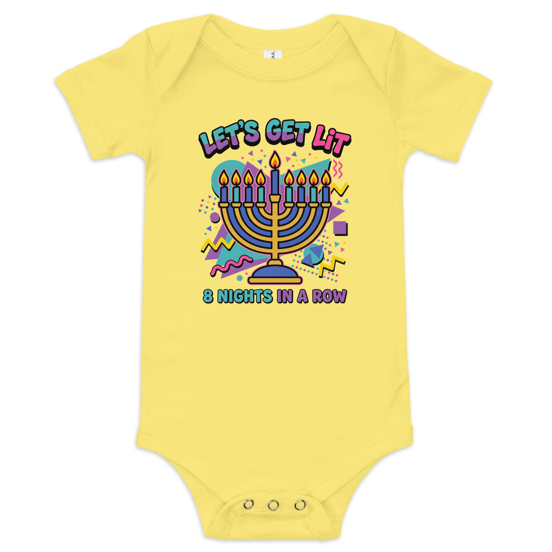 Lets Get Lit 90s Jewish pride kids baby short sleeve one piece in Yellow - close-up