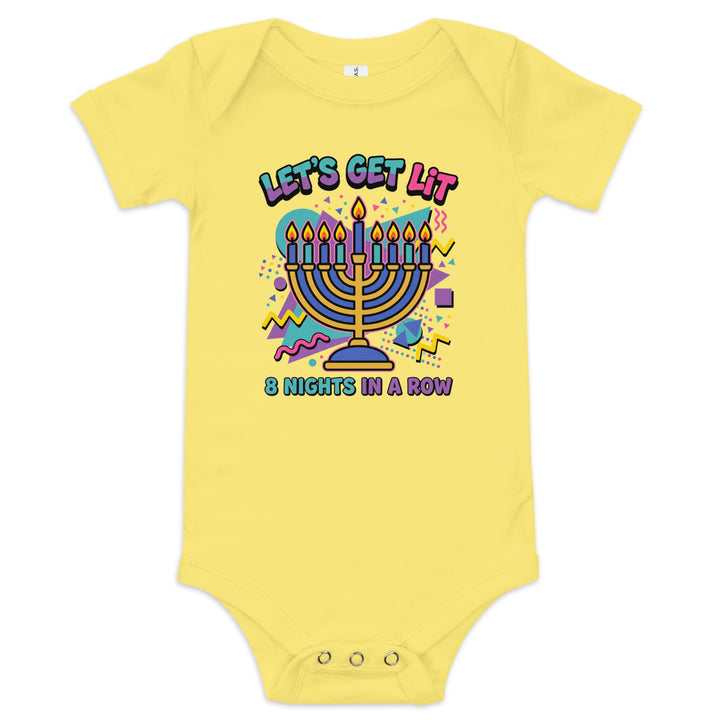 Lets Get Lit 90s Jewish pride kids baby short sleeve one piece in Yellow - close-up