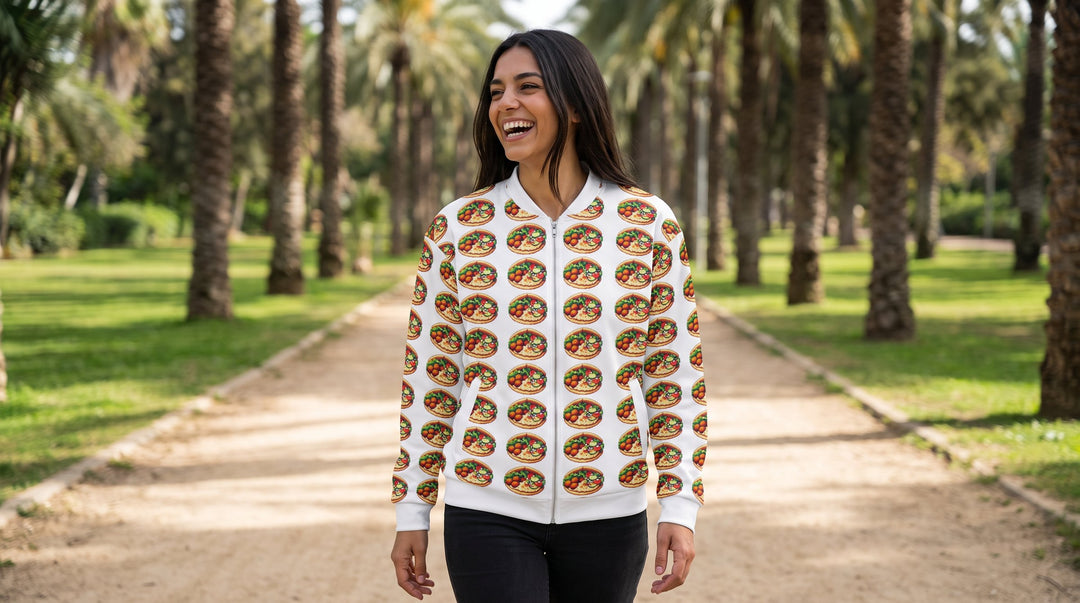 Falafel Party 16 Bit bomber jacket worn by a woman on a palm-lined path in Yarkon Park, Tel Aviv – MoT Member of the Tribe