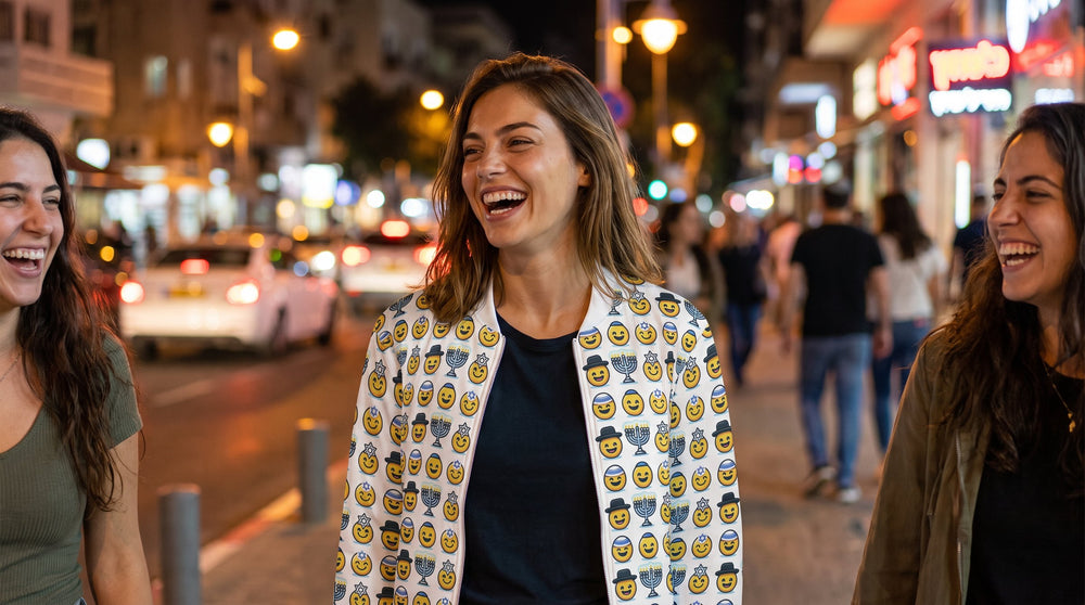 Jewish Emoji bomber jacket worn by a woman on Dizengoff Street at night – MoT Member of the Tribe