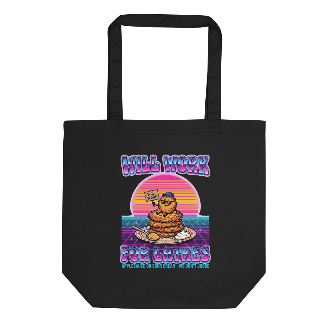 Will Work for Latkes 80s Jewish pride organic tote bag in Black - front view