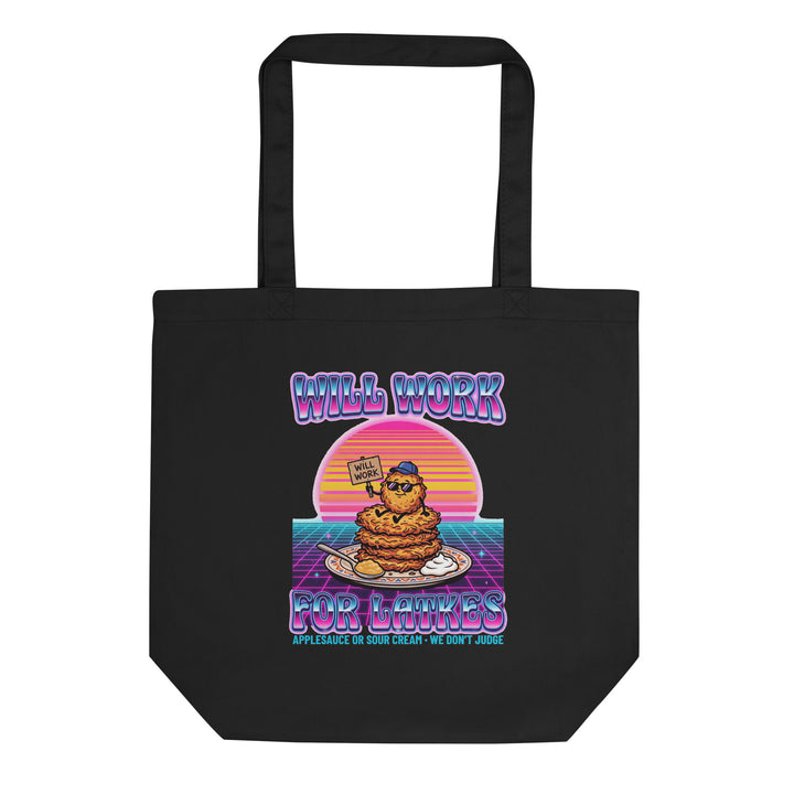 Will Work for Latkes 80s Jewish pride organic tote bag in Black - front view