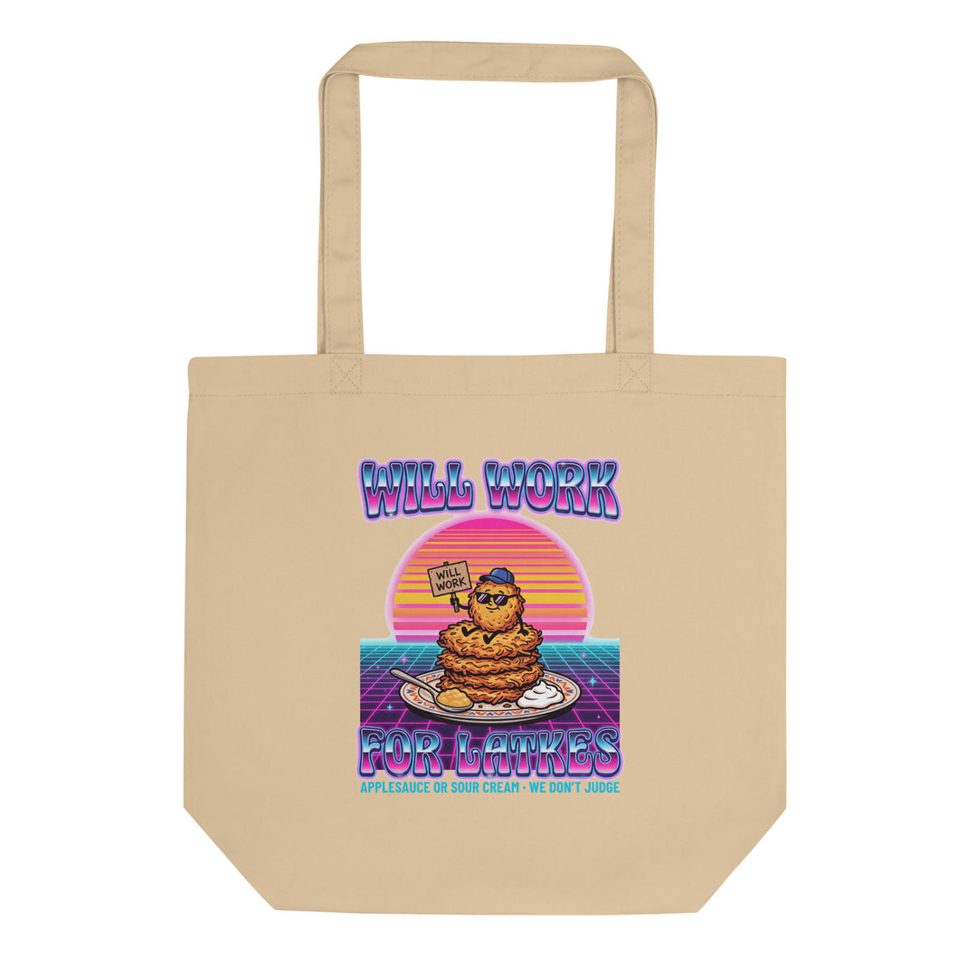 Will Work for Latkes 80s Jewish pride organic tote bag in Oyster - back view