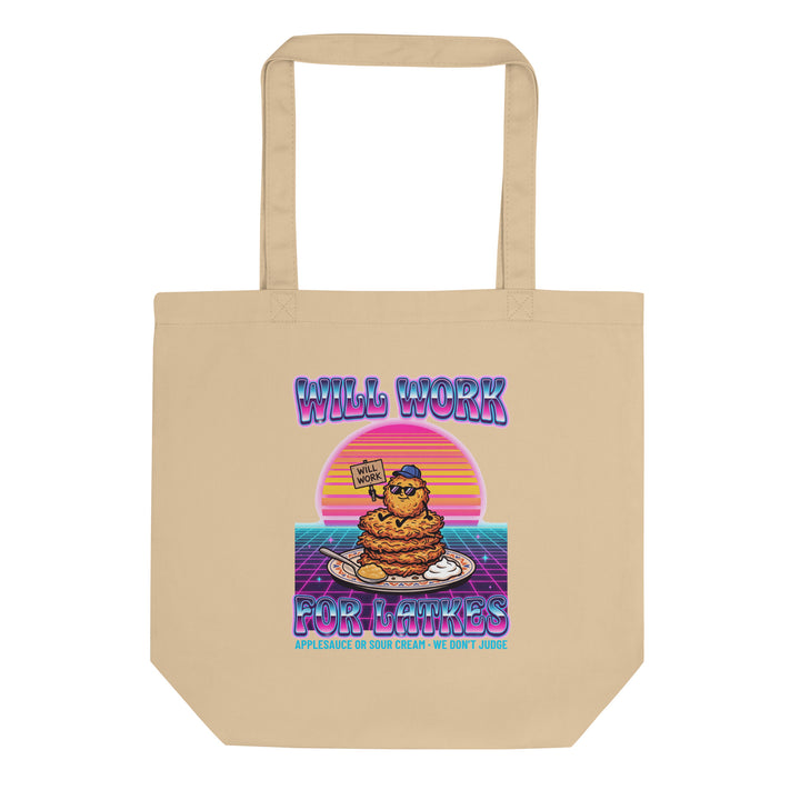 Will Work for Latkes 80s Jewish pride organic tote bag in Oyster - back view