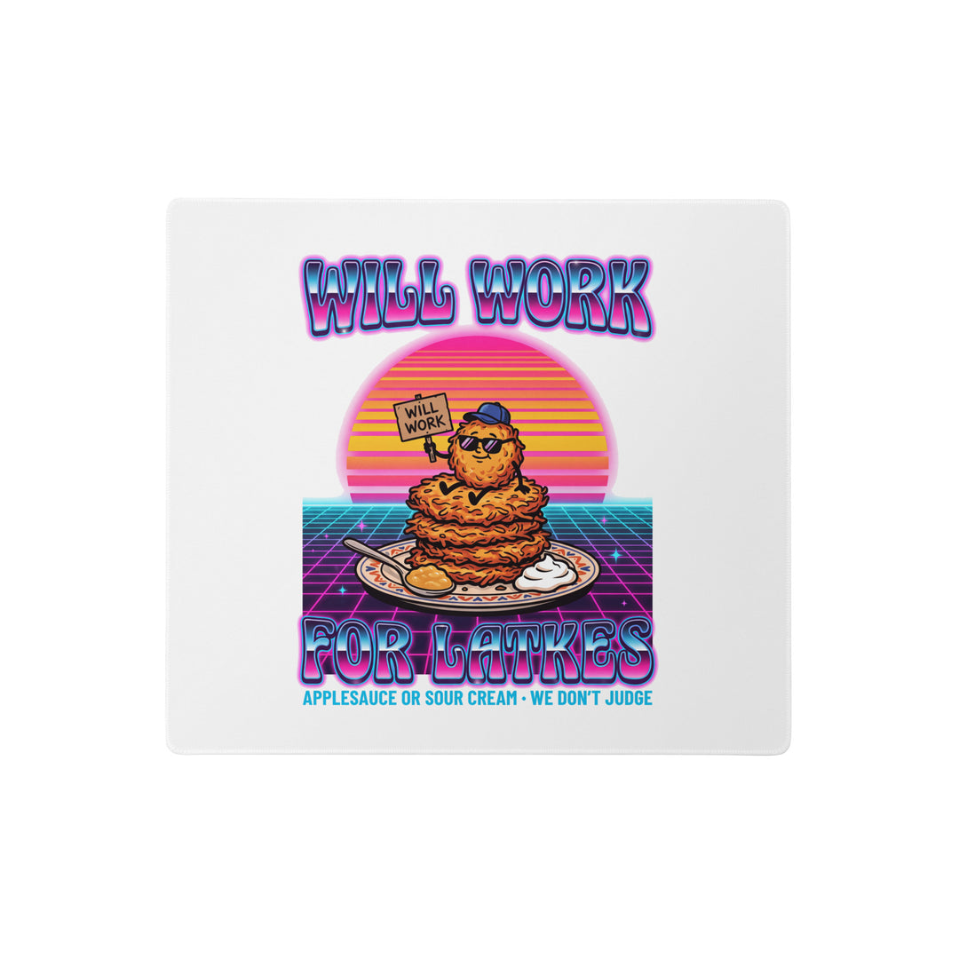 Will Work for Latkes 80s Jewish pride gaming mouse pad - back view