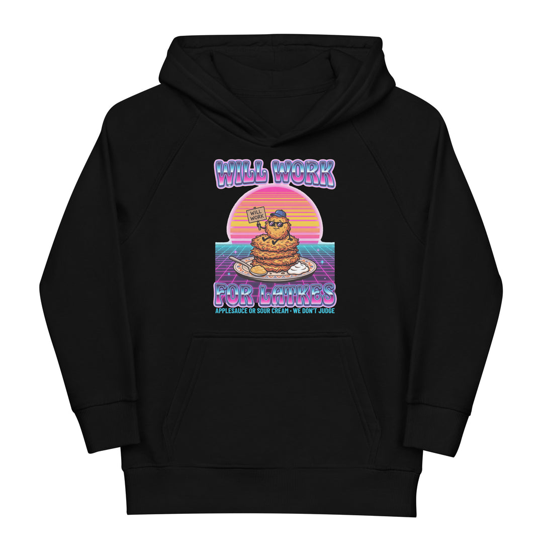 Will Work for Latkes 80s Jewish pride kids organic hoodie in Black - front view