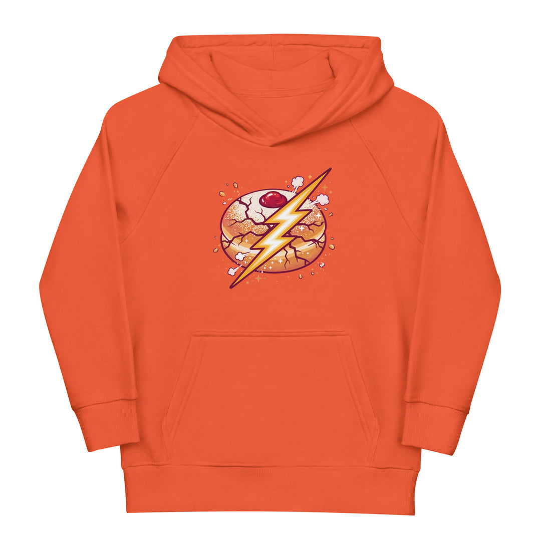 Sufganiyah Lightning Jewish pride kids organic hoodie in Burnt Orange - detail view