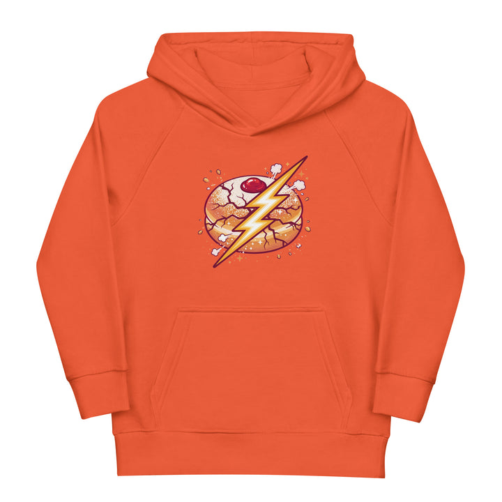 Sufganiyah Lightning Jewish pride kids organic hoodie in Burnt Orange - detail view