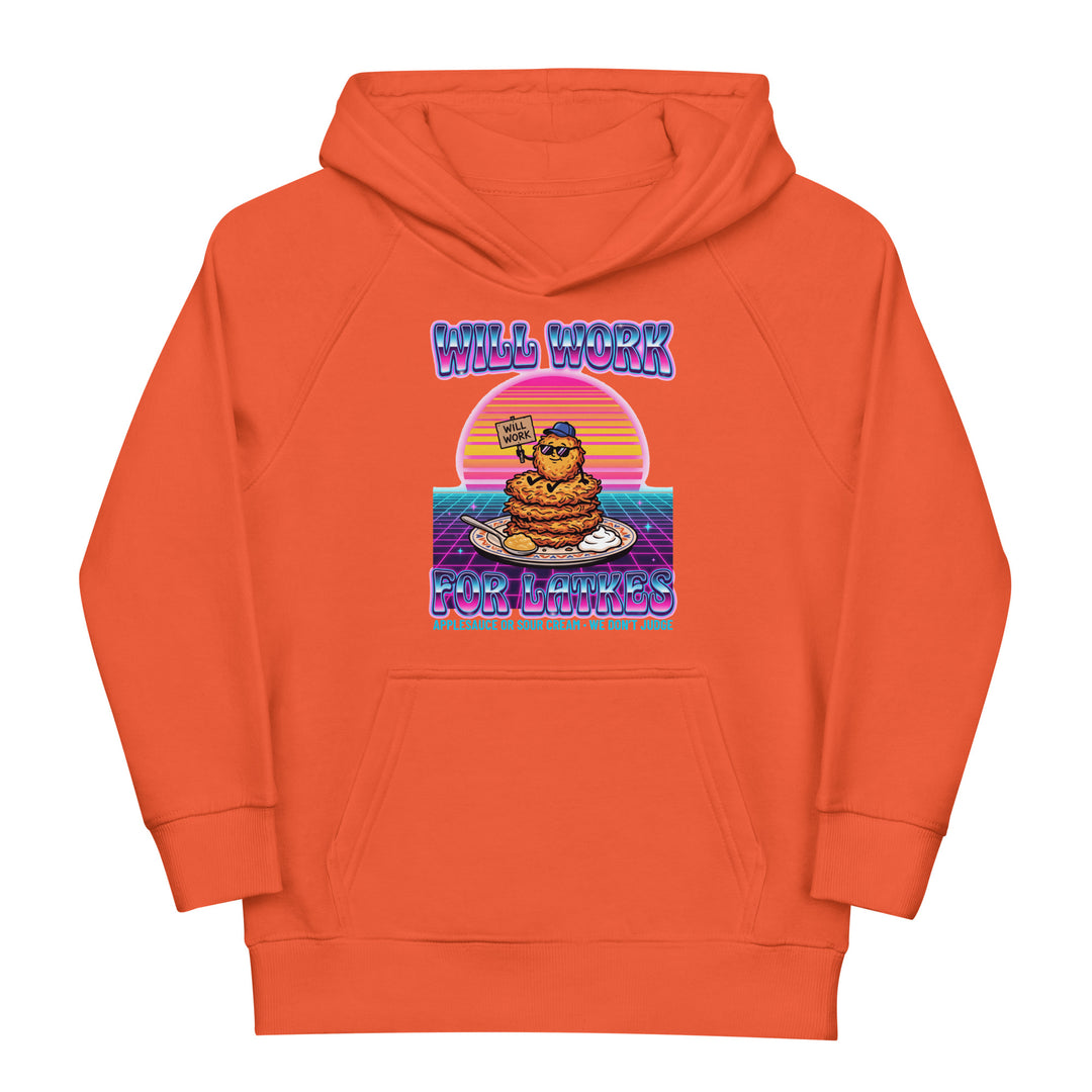 Will Work for Latkes 80s Jewish pride kids organic hoodie in Burnt Orange - detail view