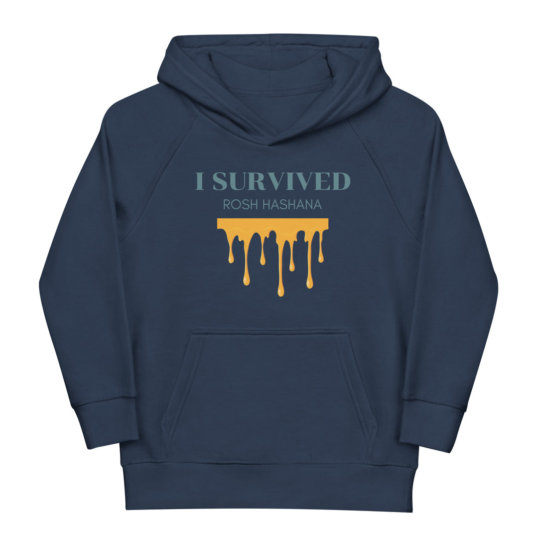I Survived Rosh HaShana Jewish pride kids organic hoodie in French Navy - back view