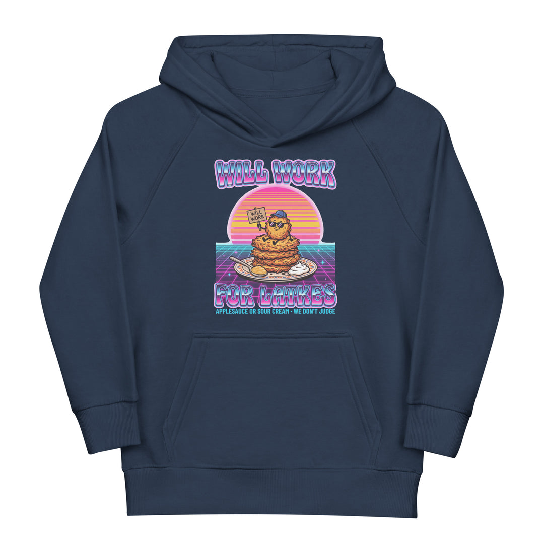 Will Work for Latkes 80s Jewish pride kids organic hoodie in French Navy - back view