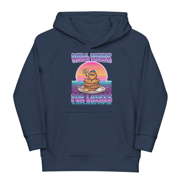 Will Work for Latkes 80s Jewish pride kids organic hoodie in French Navy - back view