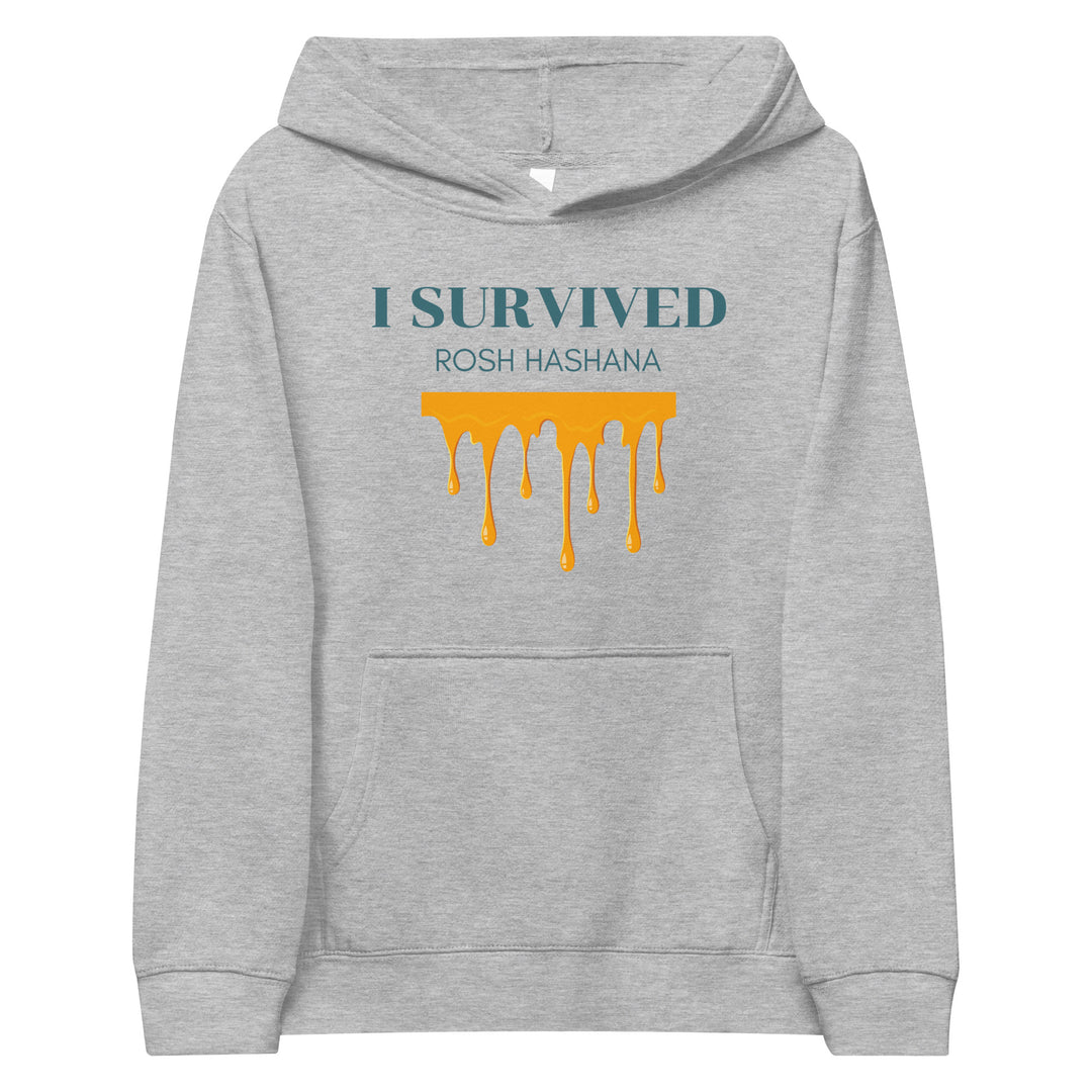 I Survived Rosh HaShana Jewish pride kids fleece hoodie in Athletic Heather - close-up