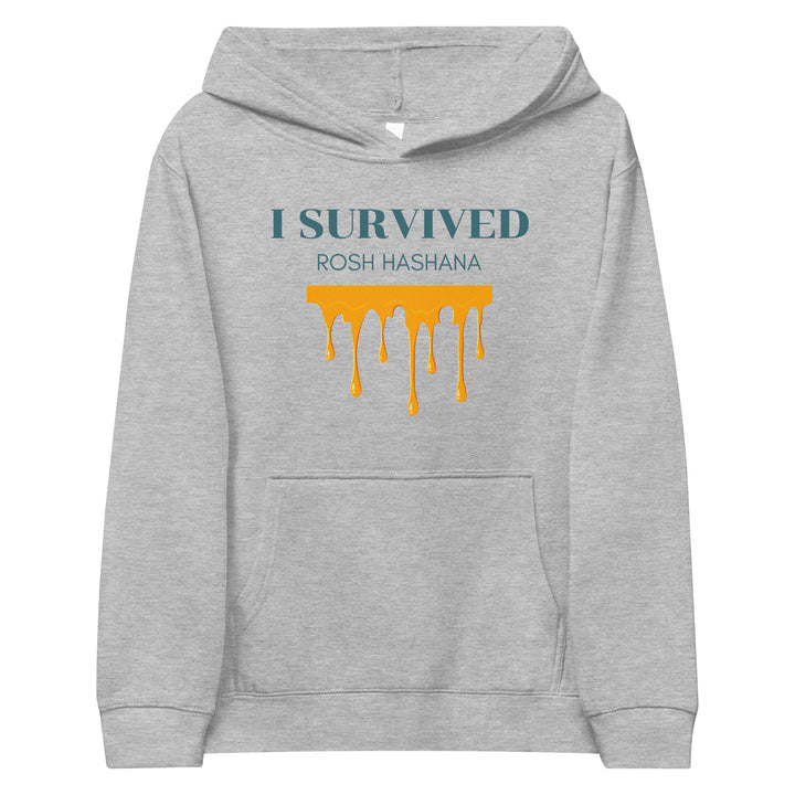 I Survived Rosh HaShana Jewish pride kids fleece hoodie in Athletic Heather - close-up