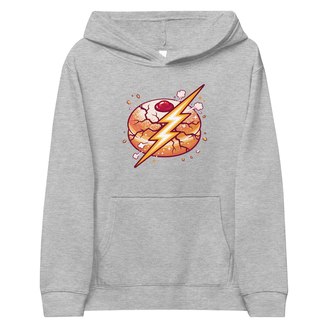 Sufganiyah Lightning Jewish pride kids fleece hoodie in Athletic Heather - detail view
