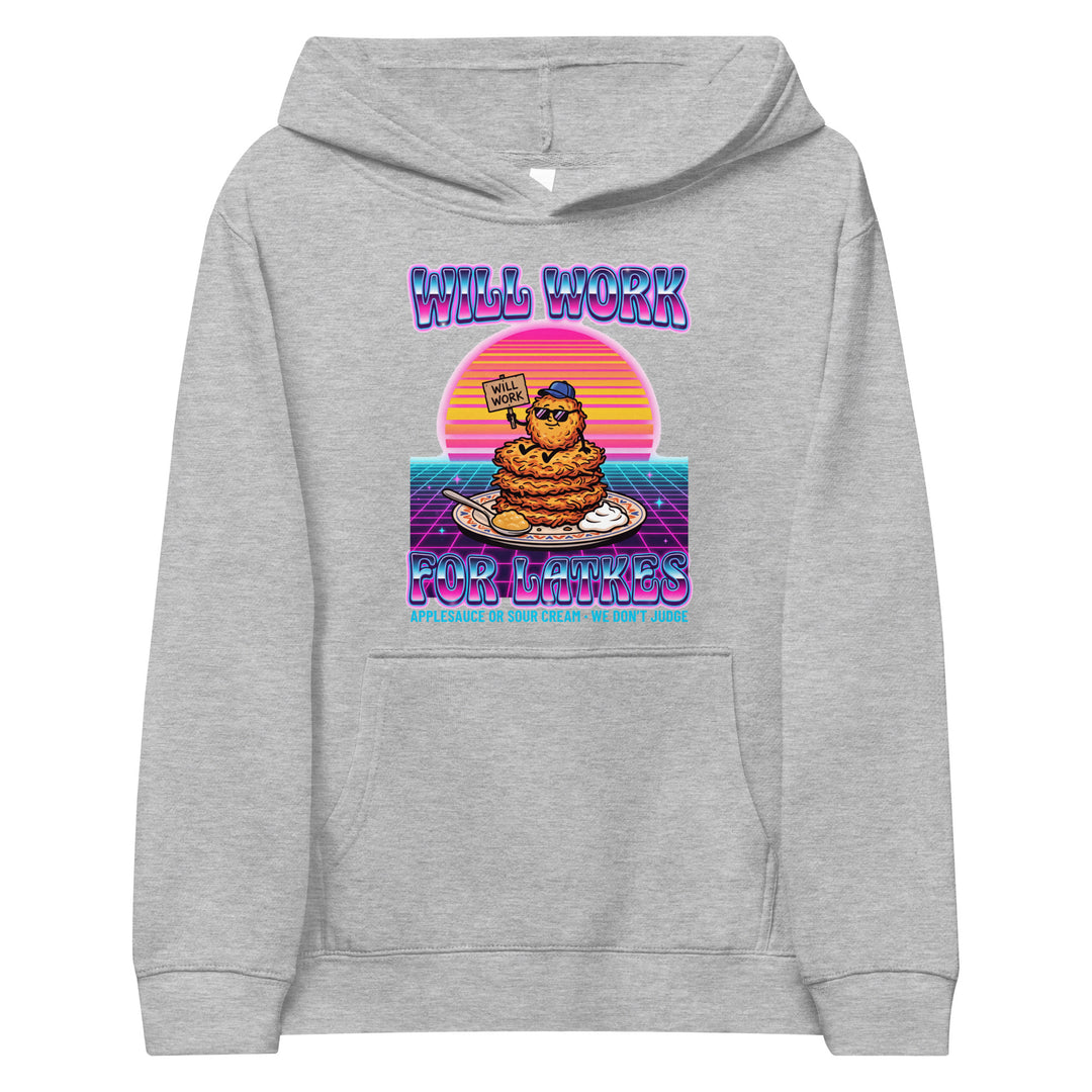 Will Work for Latkes 80s Jewish pride kids fleece hoodie in Athletic Heather - detail view