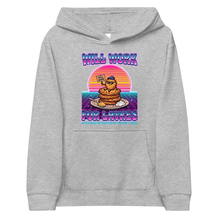 Will Work for Latkes 80s Jewish pride kids fleece hoodie in Athletic Heather - detail view