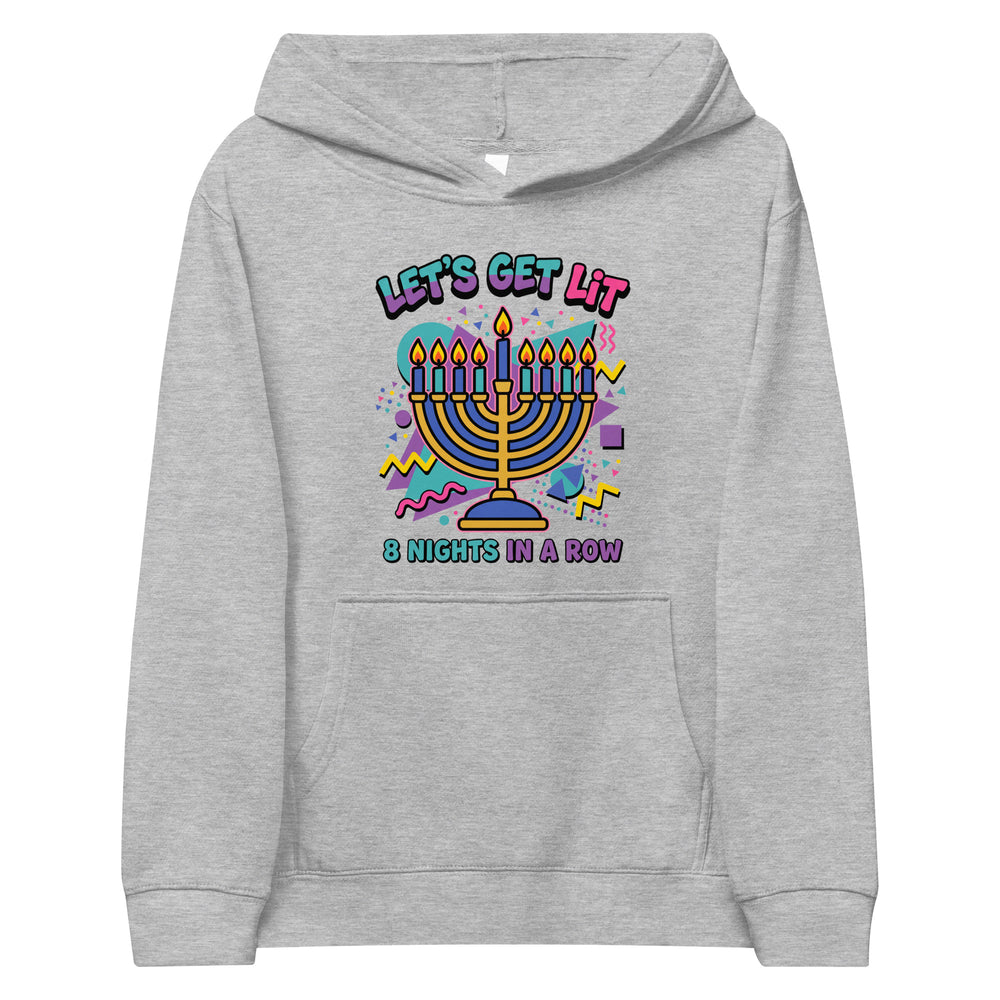 Lets Get Lit 90s Jewish pride kids fleece hoodie in Athletic Heather - back view