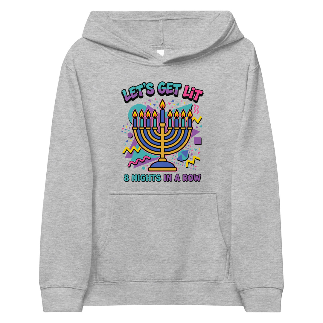 Lets Get Lit 90s Jewish pride kids fleece hoodie in Athletic Heather - back view