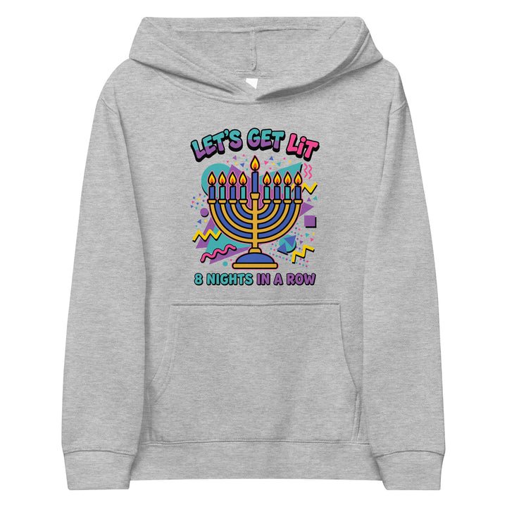 Lets Get Lit 90s Jewish pride kids fleece hoodie in Athletic Heather - back view