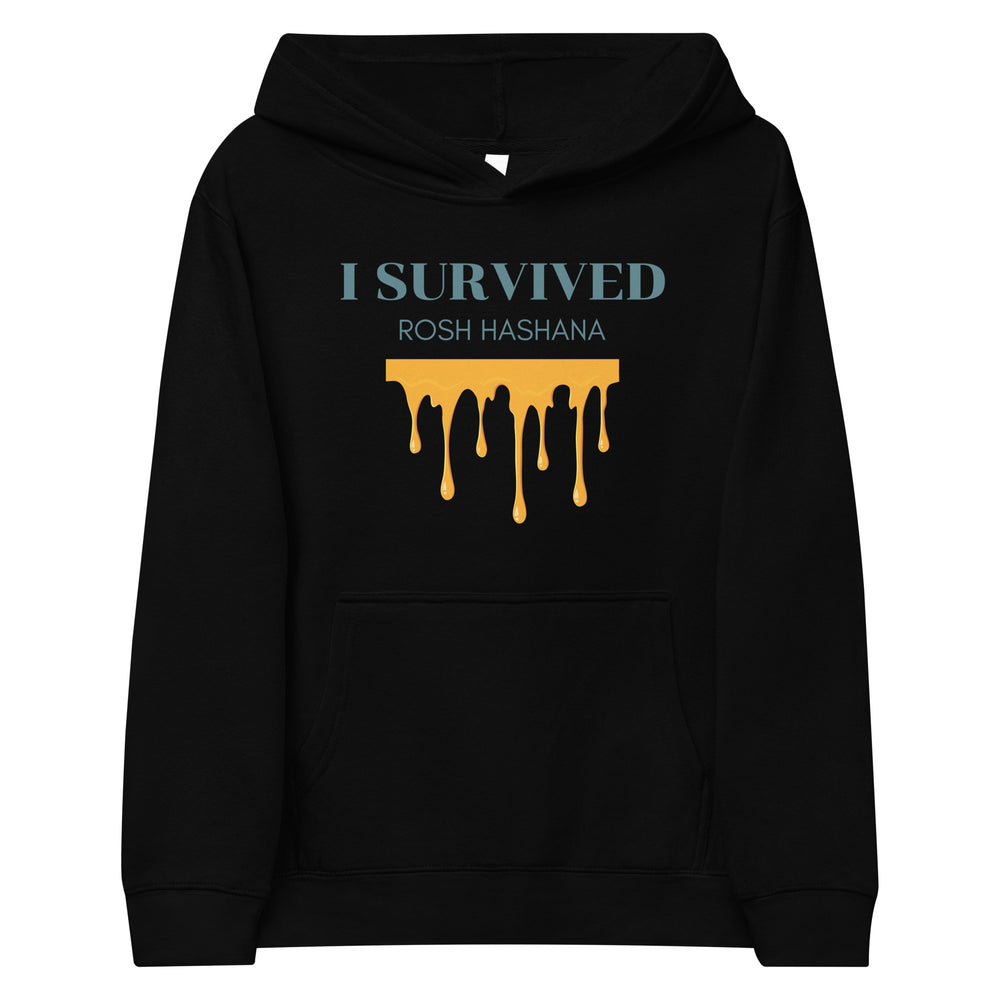 I Survived Rosh HaShana Jewish pride kids fleece hoodie in Black - back view