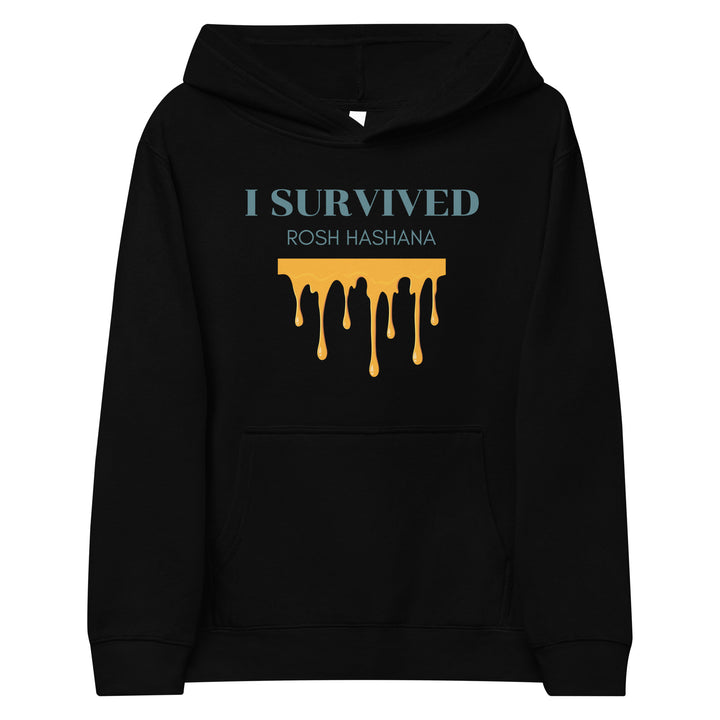 I Survived Rosh HaShana Jewish pride kids fleece hoodie in Black - back view