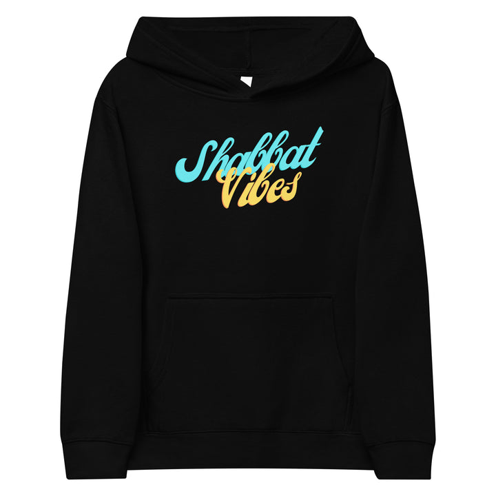 Shabbat Vibes Jewish pride kids fleece hoodie in Black - front view