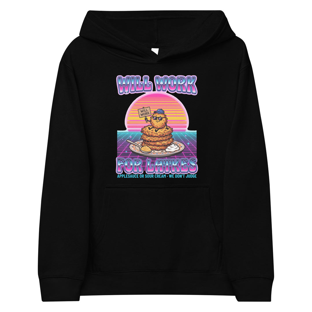 Will Work for Latkes 80s Jewish pride kids fleece hoodie in Black - front view