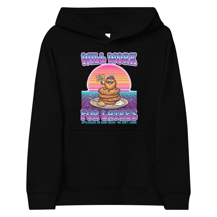 Will Work for Latkes 80s Jewish pride kids fleece hoodie in Black - front view