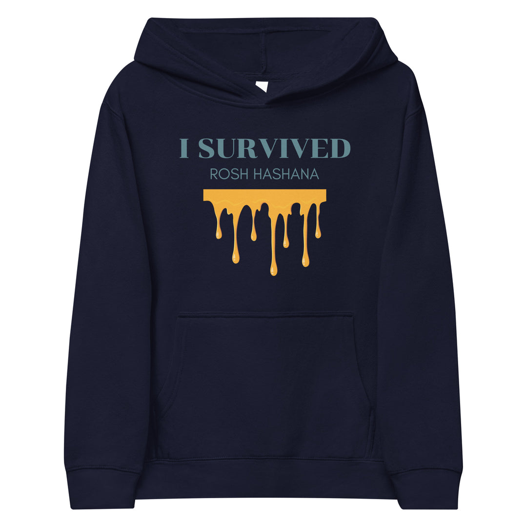 I Survived Rosh HaShana Jewish pride kids fleece hoodie in Navy Blazer - detail view