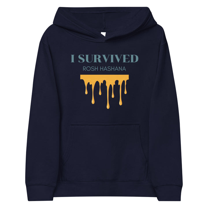 I Survived Rosh HaShana Jewish pride kids fleece hoodie in Navy Blazer - detail view