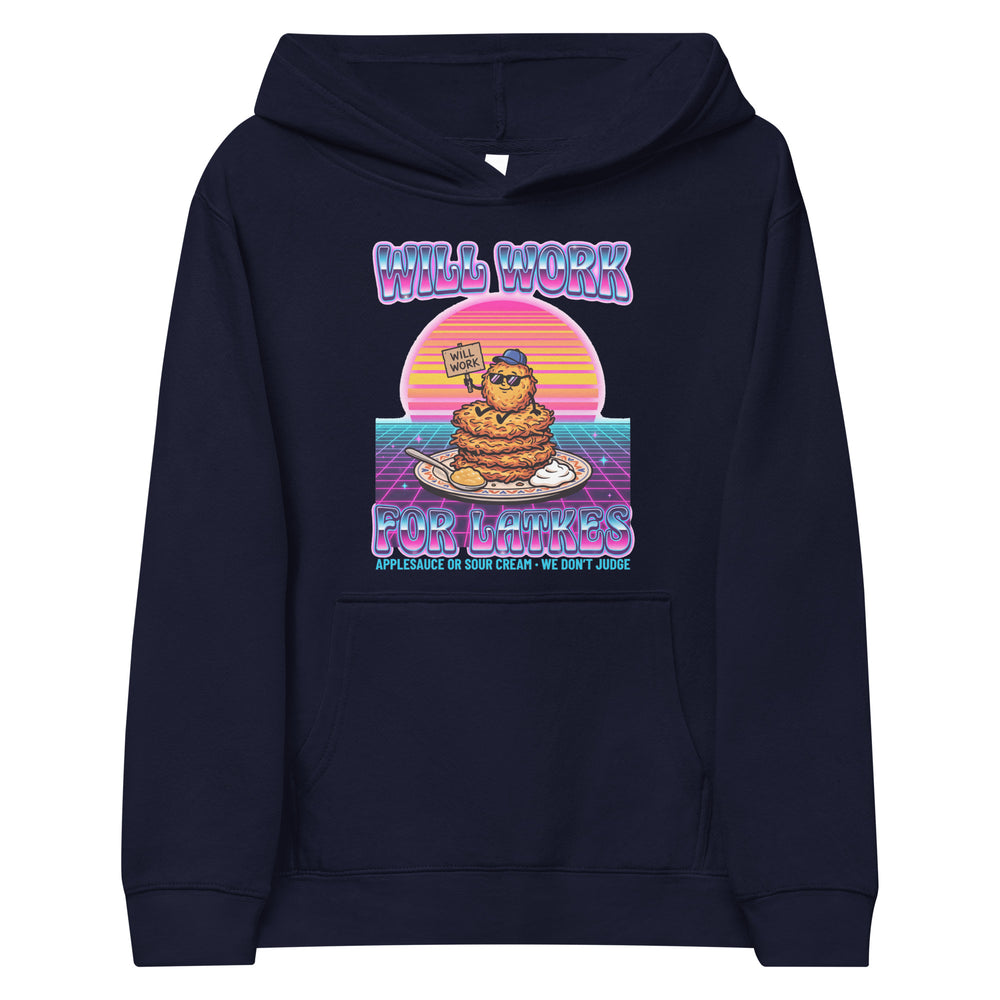 Will Work for Latkes 80s Jewish pride kids fleece hoodie in Navy Blazer - back view