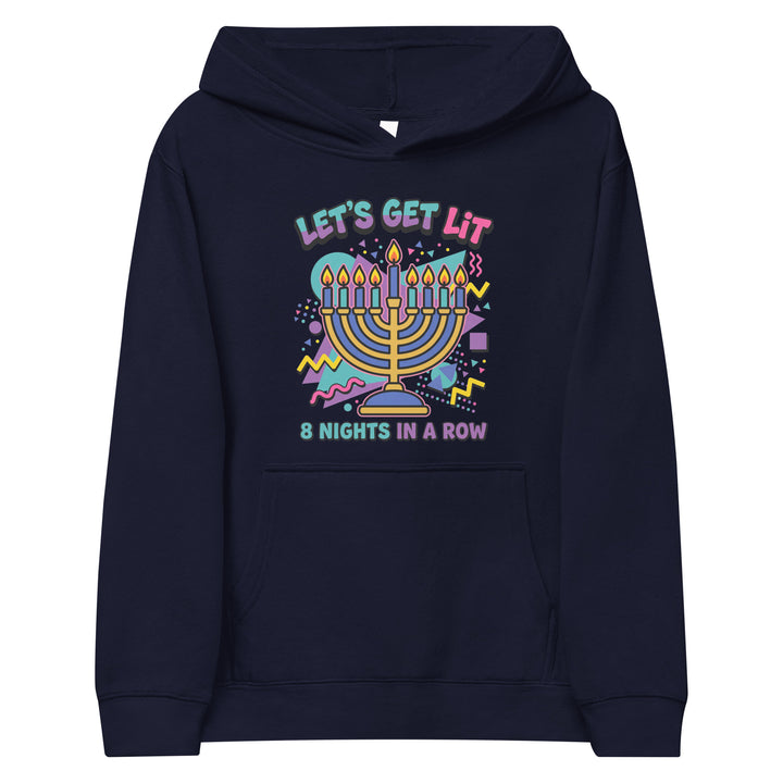 Lets Get Lit 90s Jewish pride kids fleece hoodie in Navy Blazer - front view