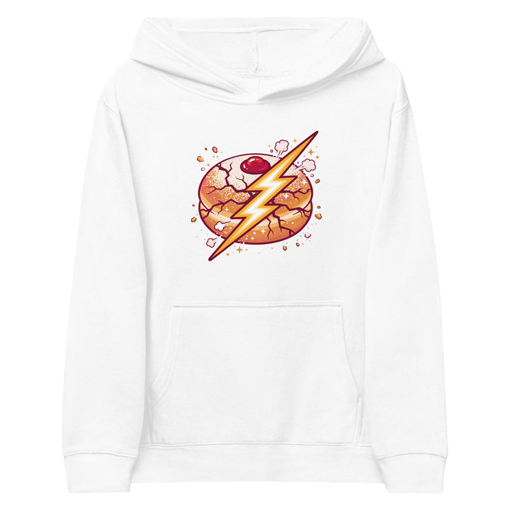 Sufganiyah Lightning Jewish pride kids fleece hoodie in White - close-up