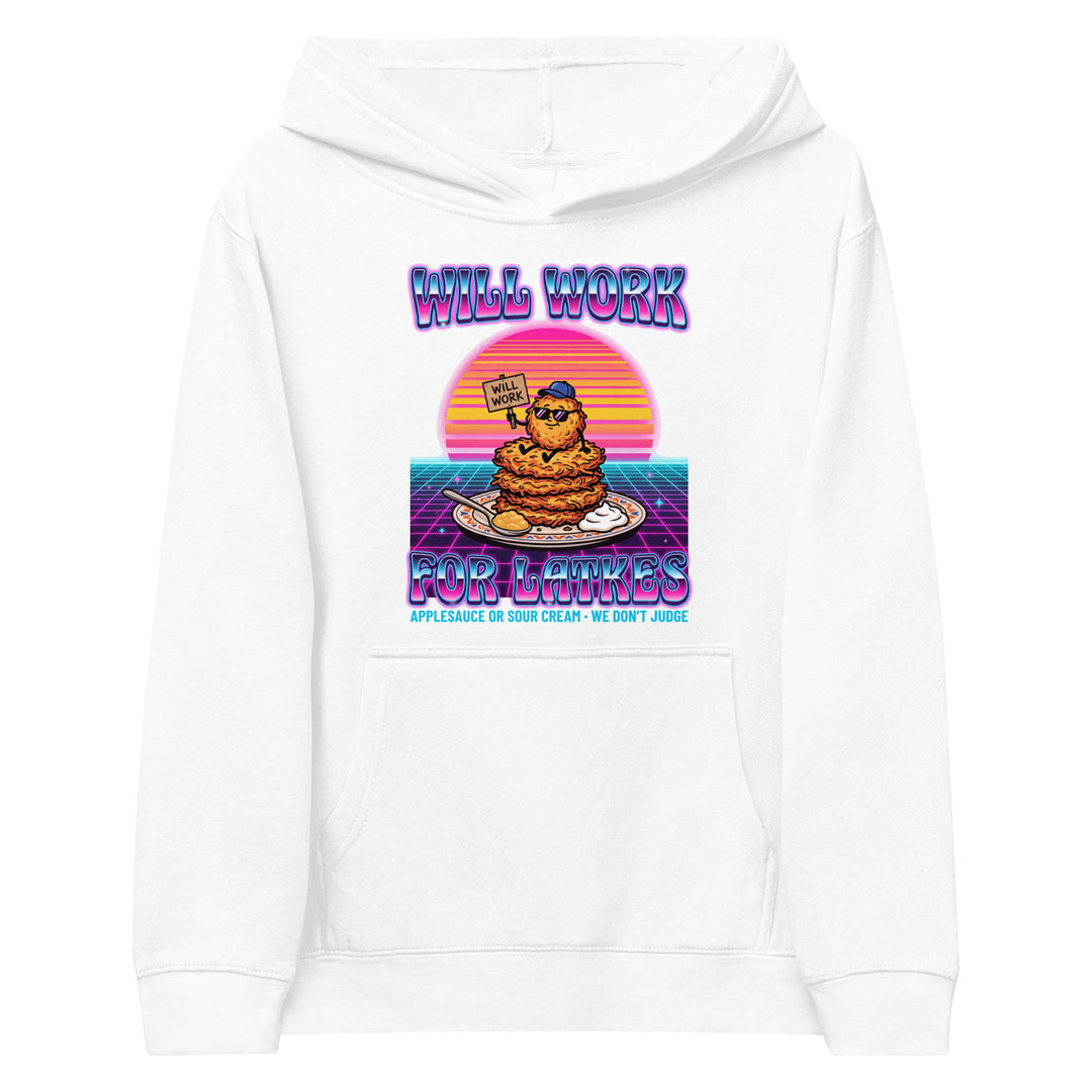 Will Work for Latkes 80s Jewish pride kids fleece hoodie in White - close-up